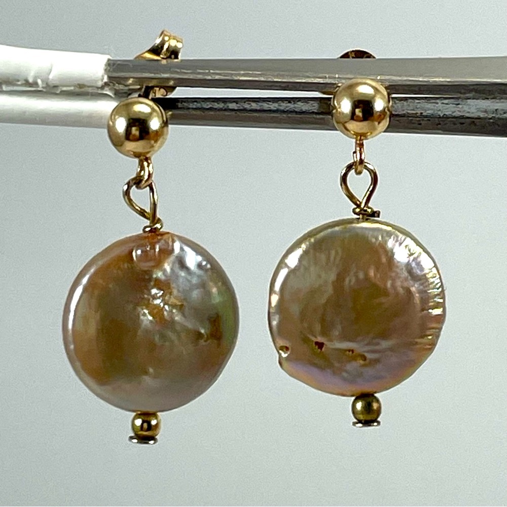 14k Gold Ball Post Coin Culture Pearl Cream Pink Dangle Earrings Unsigned
